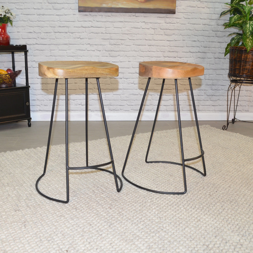 Stationary Solid Mango Wood Seat Tractor Stool, Natural/Black