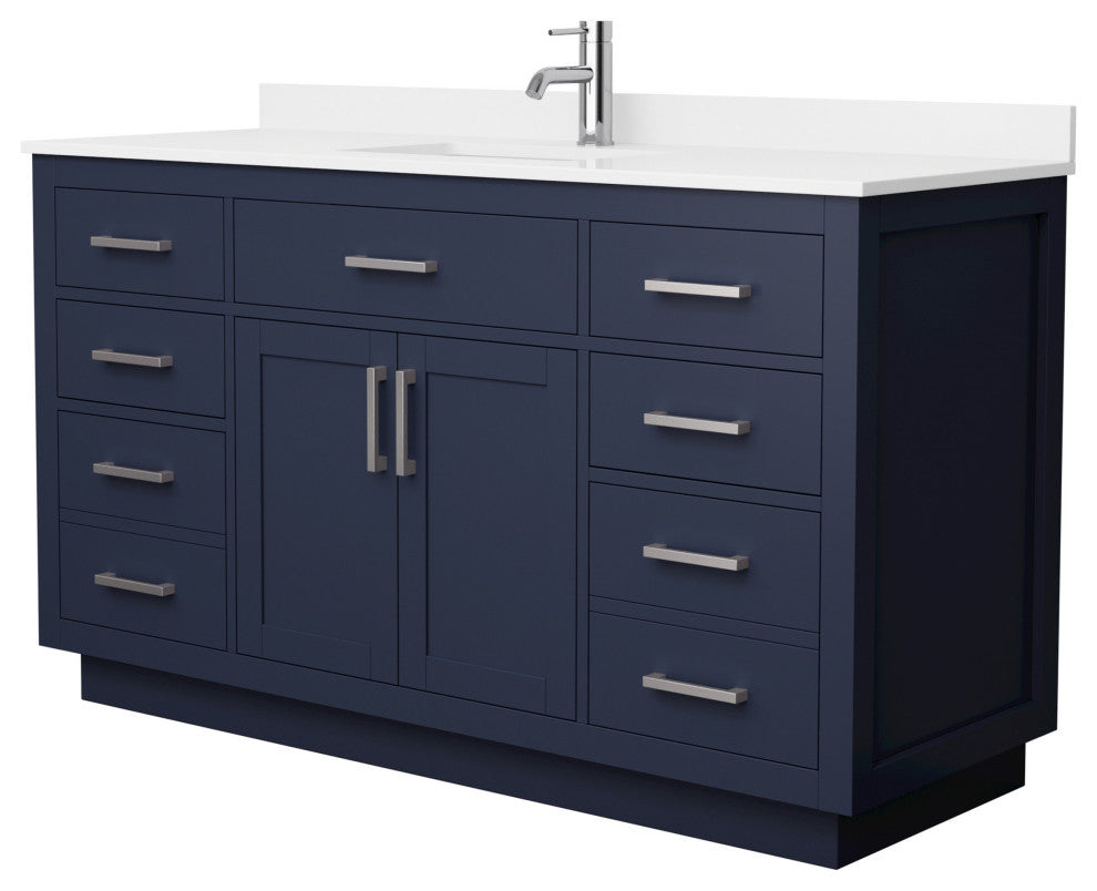 Beckett TK 60" Dark Blue Single Vanity, White Quartz Top, 1-Hole, Nickel Trim