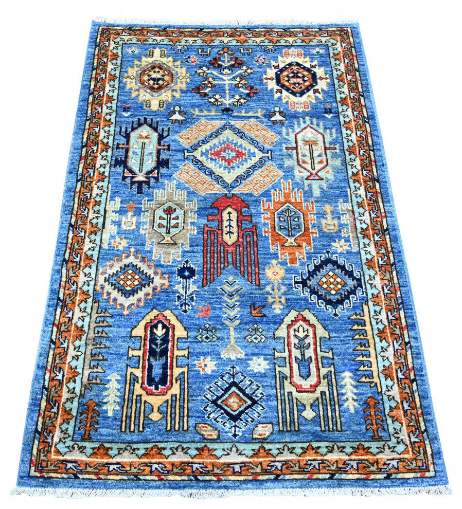 Lapis Blue Soft Wool Hand Knotted Afghan Ersari Runner Rug, 3'x4'