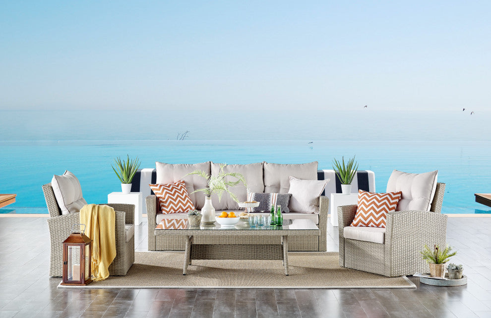 Canaan All-Weather Wicker Deep-Seat Set With Sofa, 2 Arm Chairs and 57"L Table