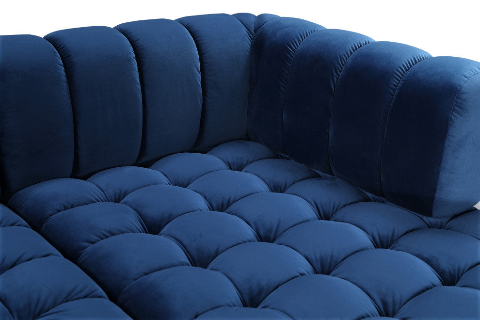 Gwen Biscuit Tufted Velvet Upholstered 3 Piece Sectional, Navy
