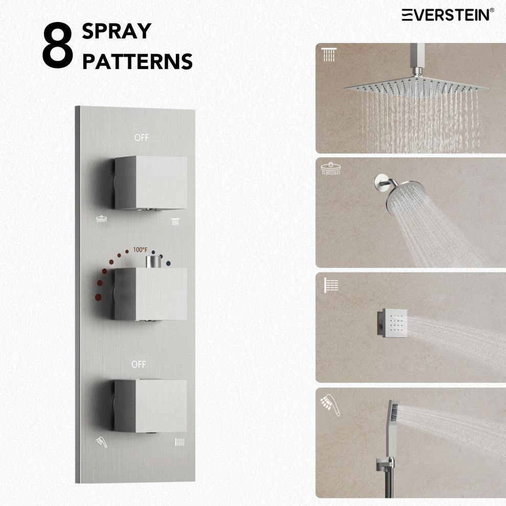 Thermostatic Dual Heads 12" Rainfall Shower System With 3 Body Jets, Brushed Nickel