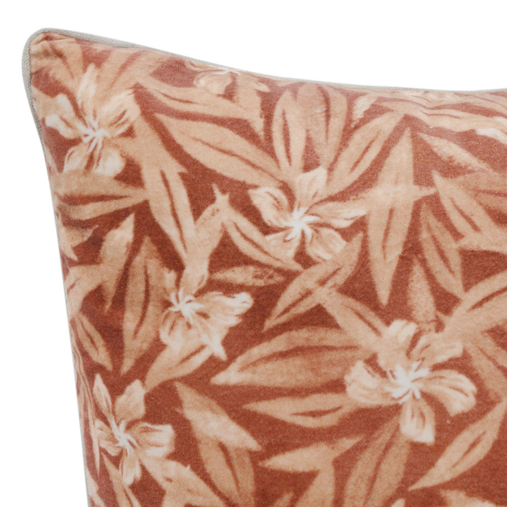 Lamia 22" Cotton Velvet Fabric Botanical Throw Pillow, Clay