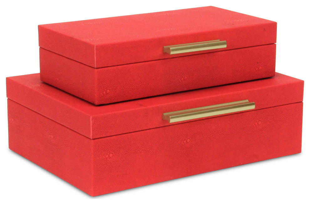 Lusan Rectangular Decorative Box Set, Red Faux Shagreen