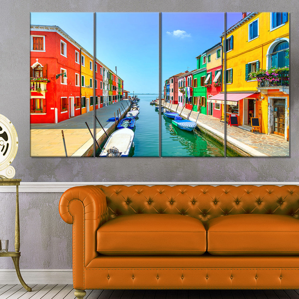 Colorful Burano Island Canal Venice, Landscape Canvas Art, 48"x28", 4 Panels