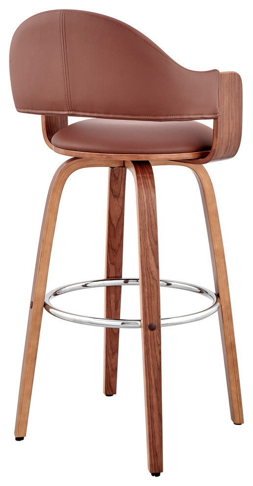 Daxton Faux Leather and Wood Bar Stool, Brown and Walnut, 26"