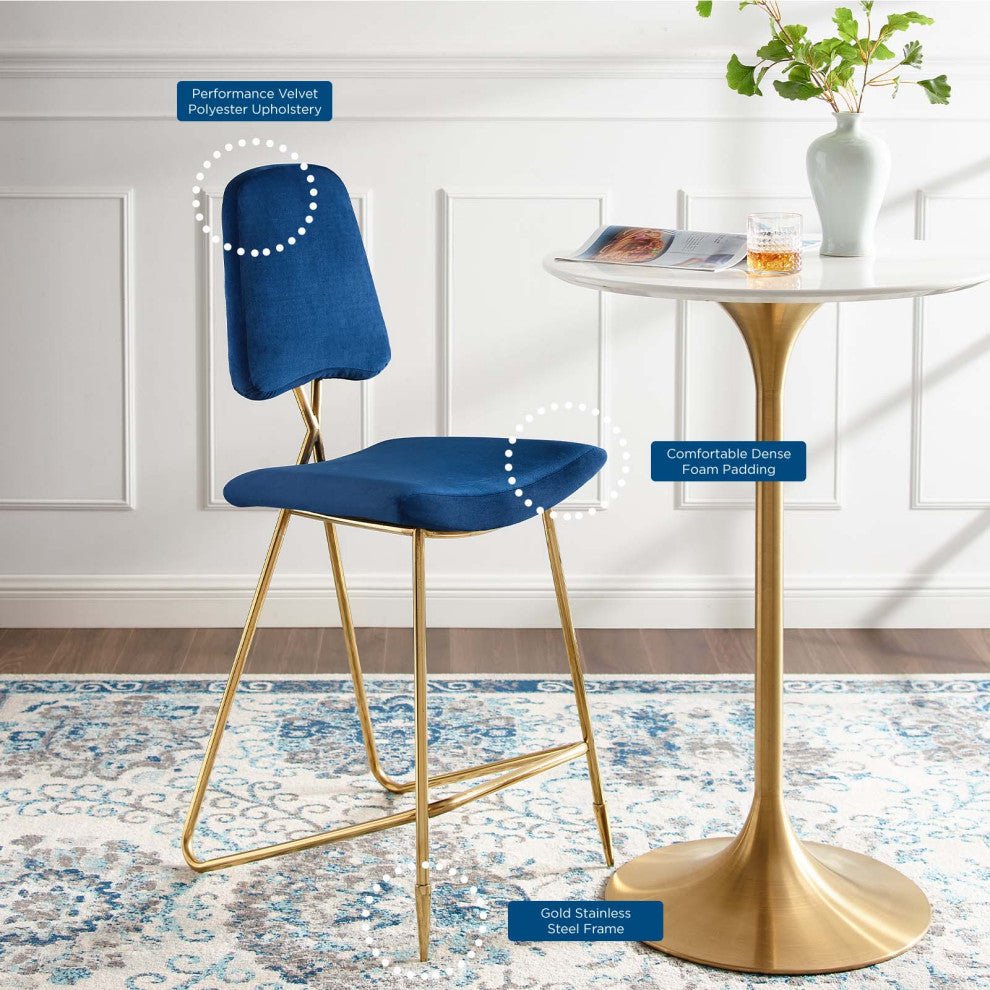 Bar Stool Chair Barstool, Velvet, Metal, Blue Navy, Modern, Bar Pub Cafe Bistro
