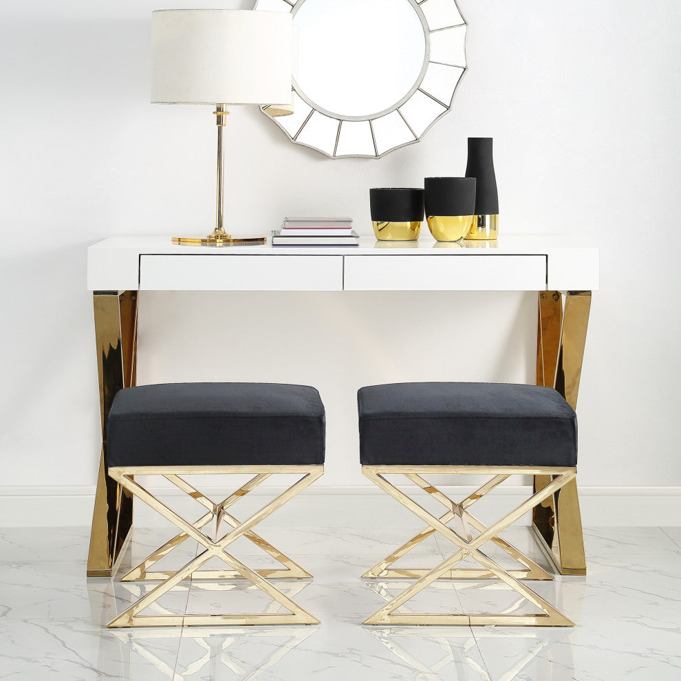 Oria Velvet X-Leg Chrome or Gold Base Ottoman, Black/Gold
