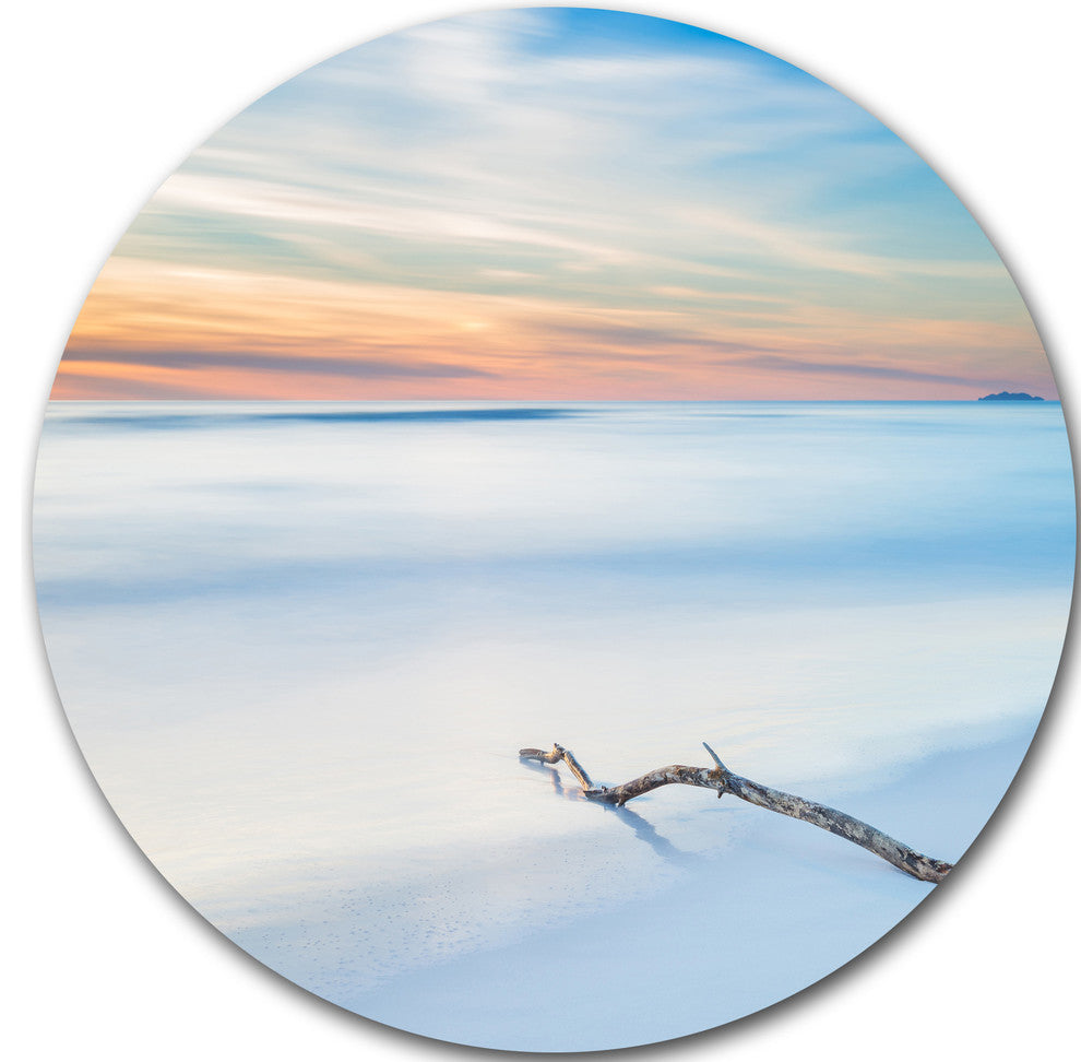 Wood Branch On Beach At Twilight, Seascape Disc Metal Wall Art, 11"