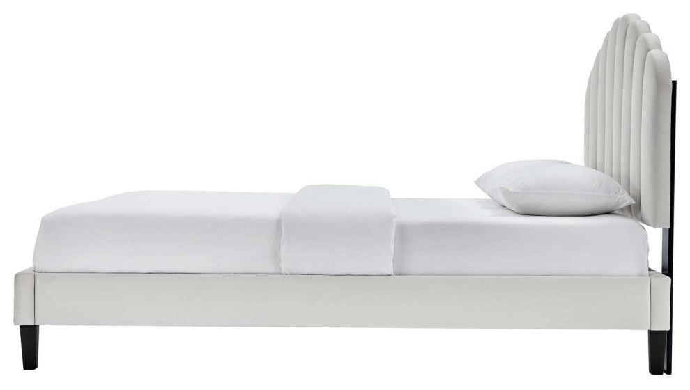Platform Bed Frame, King Size, Gray, Velvet, Modern, Bedroom Guest Suite