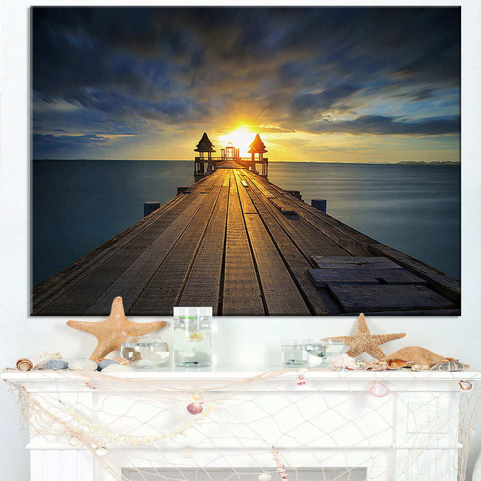 "Illuminated Wooden Bridge in Sunlight" Sea Pier Wall Art Canvas Print, 32"x16"