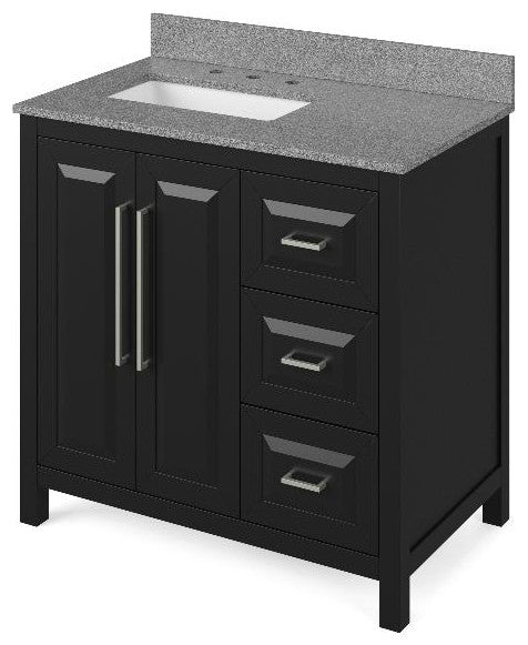 Cade Transitional 36" Black Left Offset Sink Vanity, Steel Grey Cultured Marble