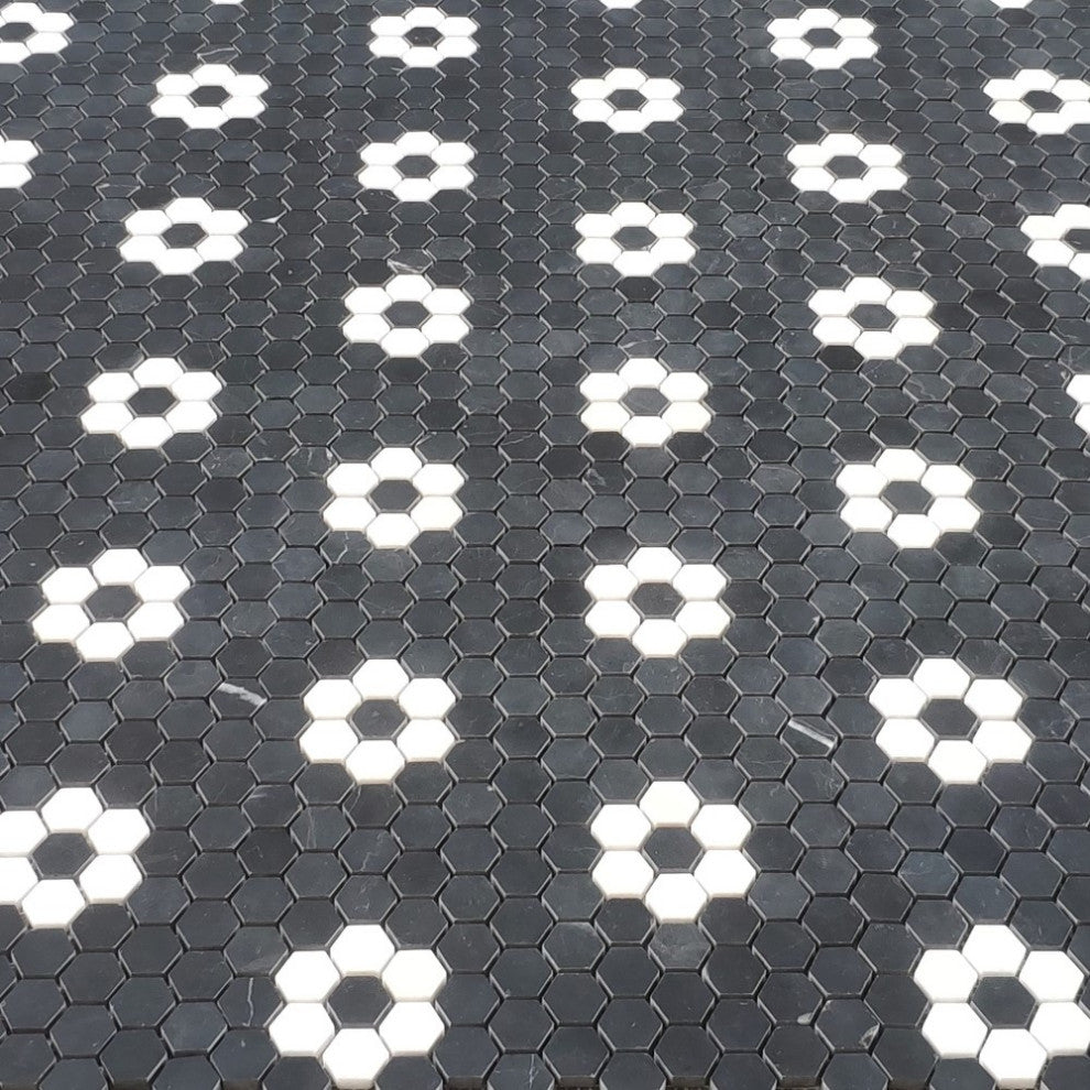 Nero Marquina Black Marble Rosette Hexagon Thassos White Flower Honed, 1 sheet
