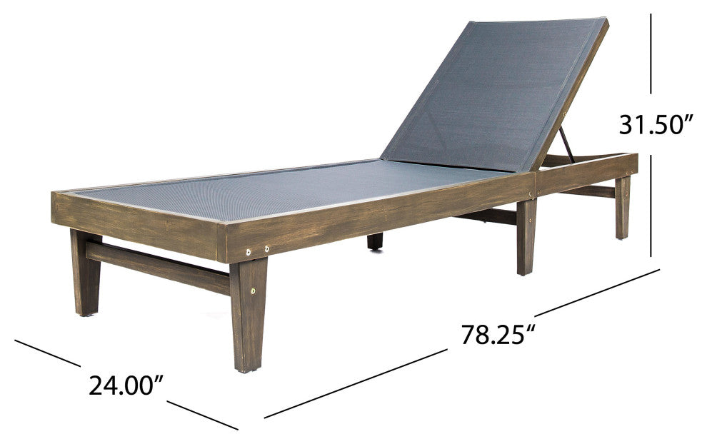GDF Studio Della Outdoor Mesh Chaise Lounge With Acacia Wood Frame, Gray/Dark Gray
