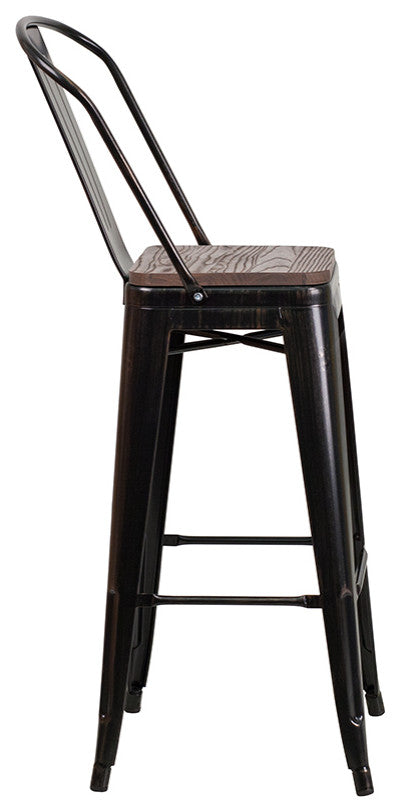 30" High Metal Barstool With Back and Wood Seat, Black-Antique Gold