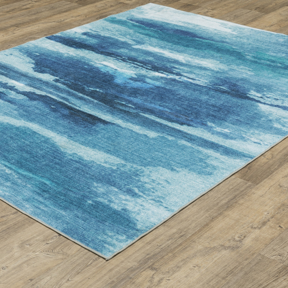 Sasha Abstract Sky Machine Washable Blue/ Ivory Area Rug Mat 5' x 7'