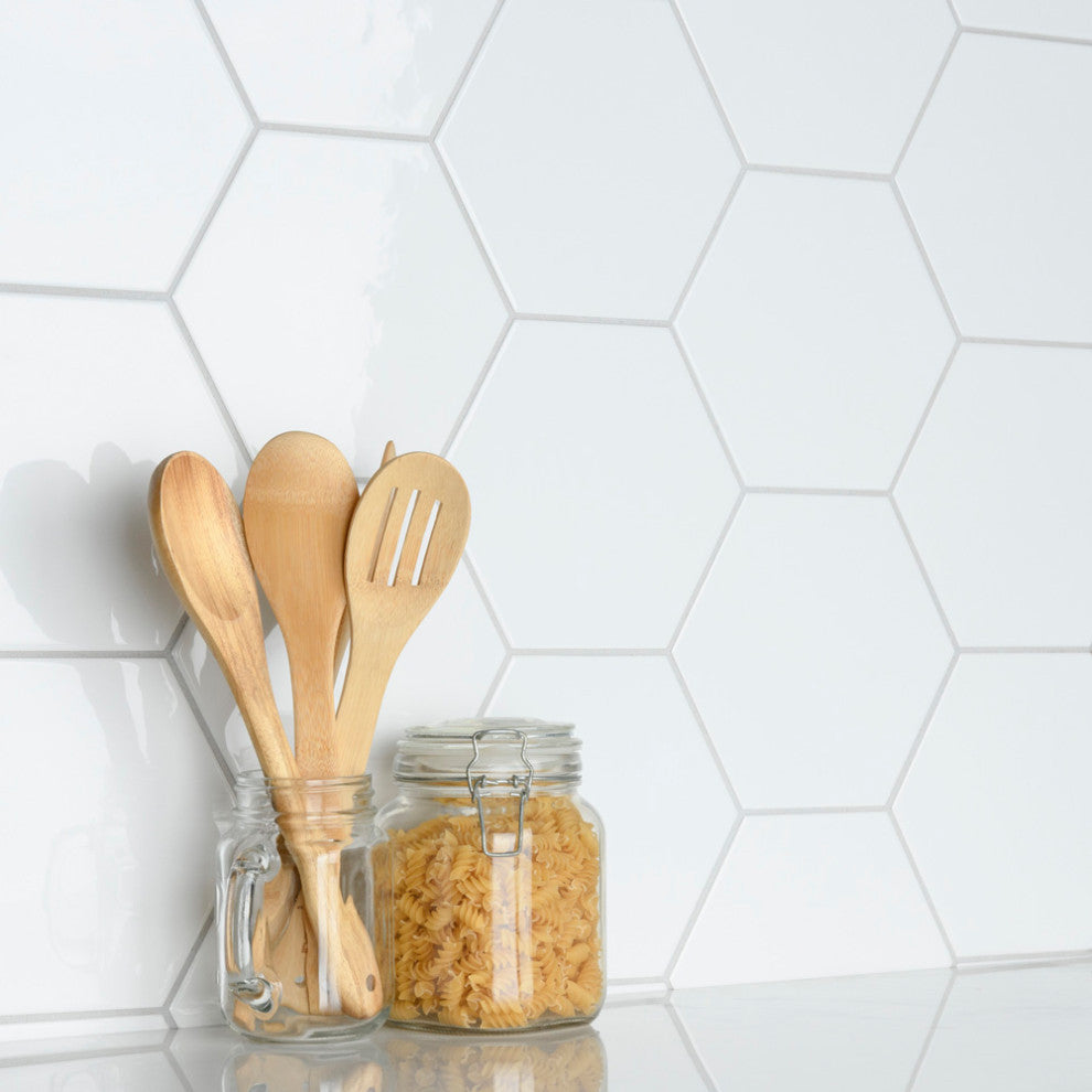 Hextile Ceramic Floor and Wall Tile, Glossy Blanco, 25
