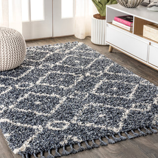 Mercer Shag Plush Tassel Moroccan Diamond Area Rug, Denim Blue/Cream, 3 X 5