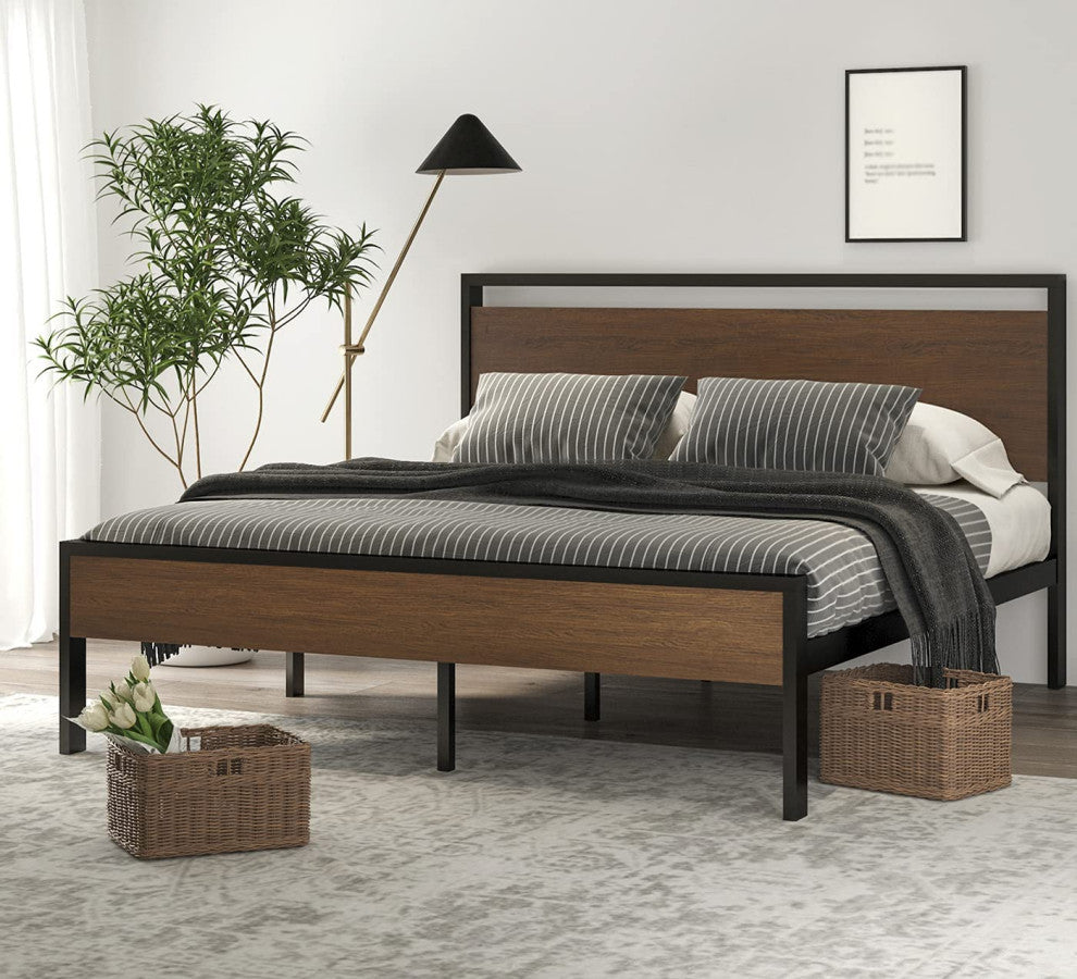 14 Inch Full Size Metal Platform Bed Frame with Wooden Headboard and Footboard
