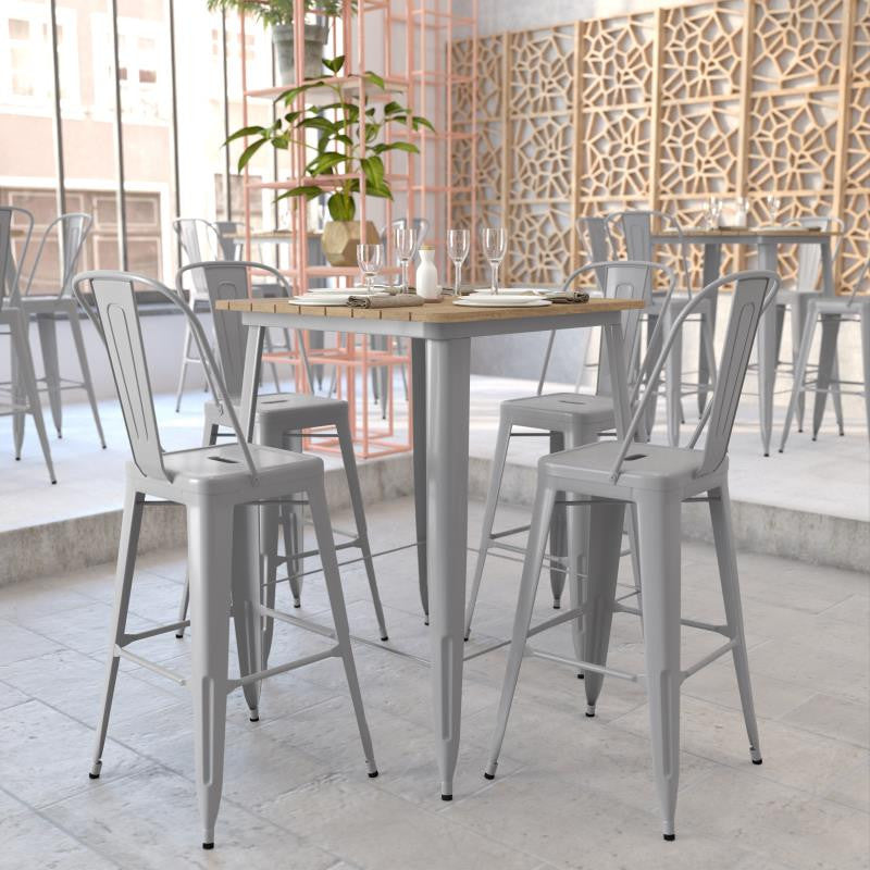 Declan Commercial Indoor/Outdoor Bar Top Square Table, 31.5", Brown/Silver