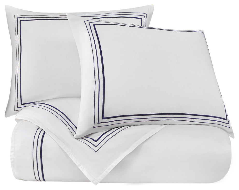 Embroidered Border Duvet Cover Set, 3 Piece, Navy, Twin