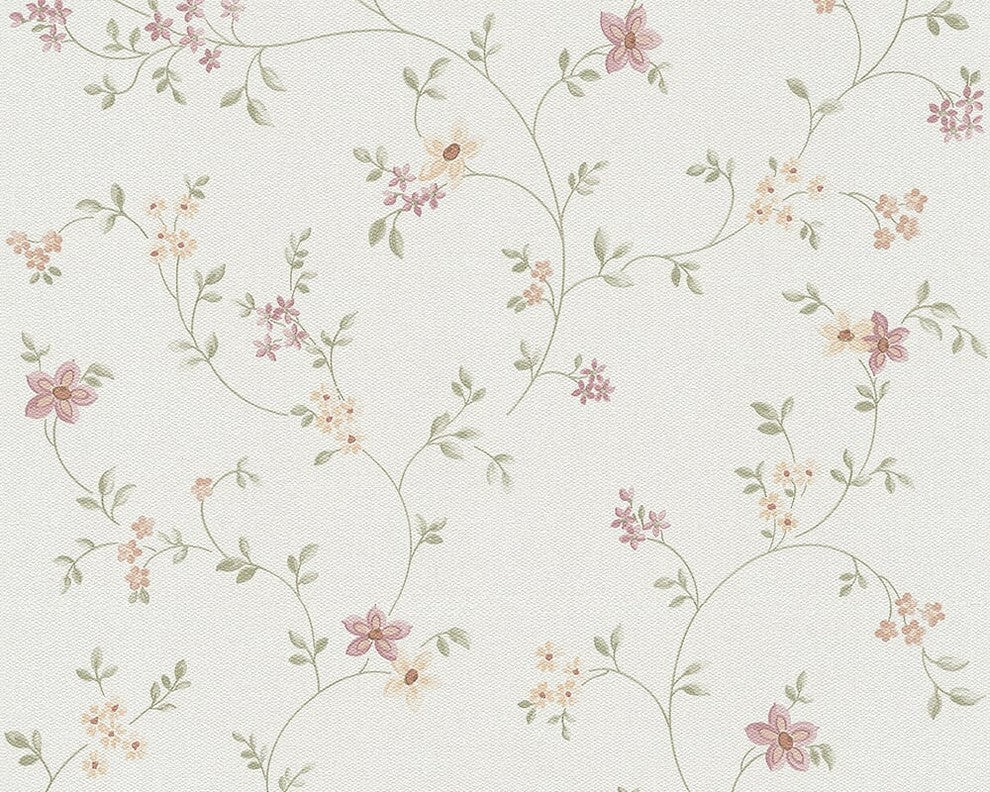 Best of Vlies, Floral Patterns Modern Classic Stripes White Wallpaper Sample