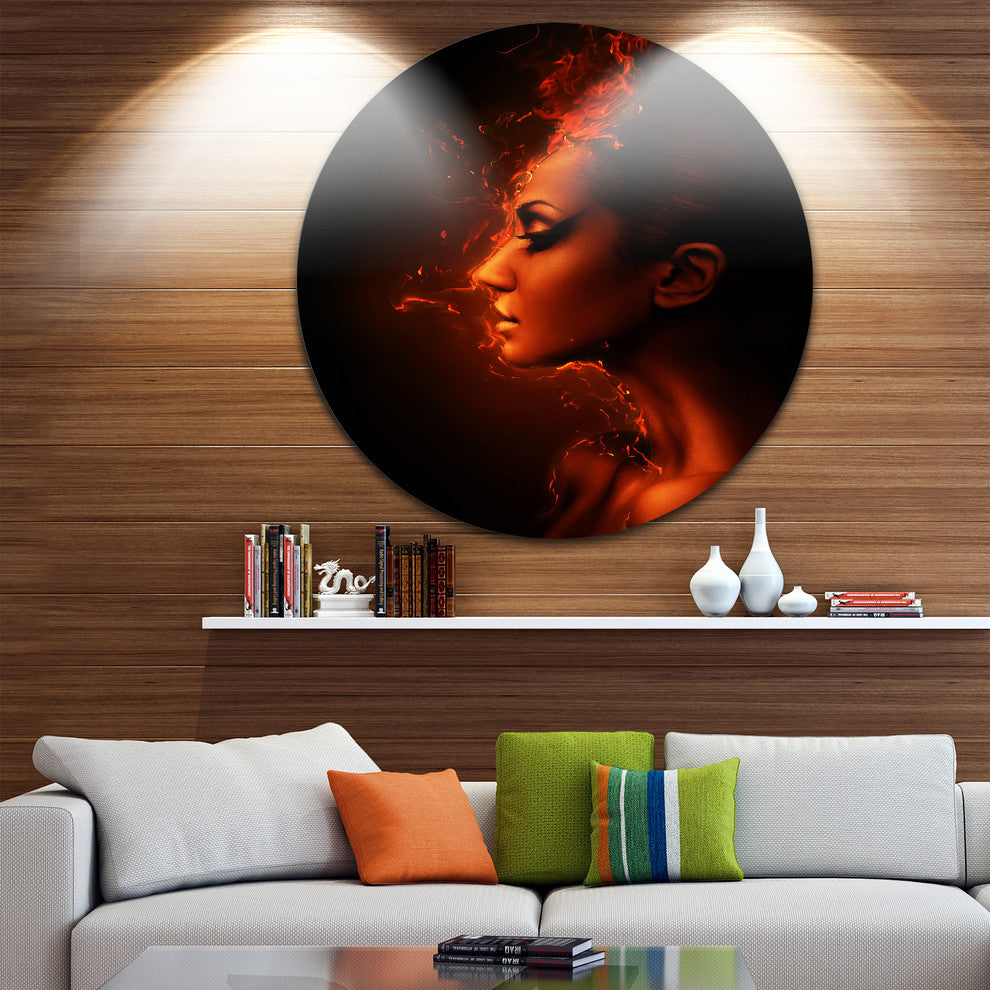 Burning Woman Head, Portrait Contemporary Round Wall Art, 11"