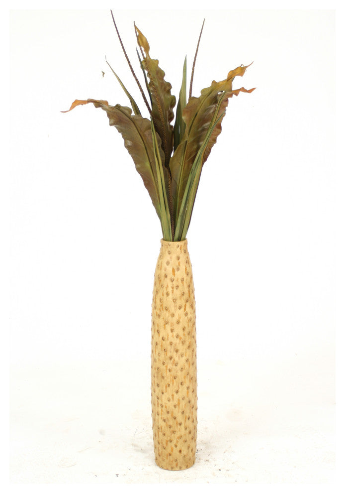 Green-Brown Tropical Leaves, Seeded Branches in Cork-Finish Floor Vase