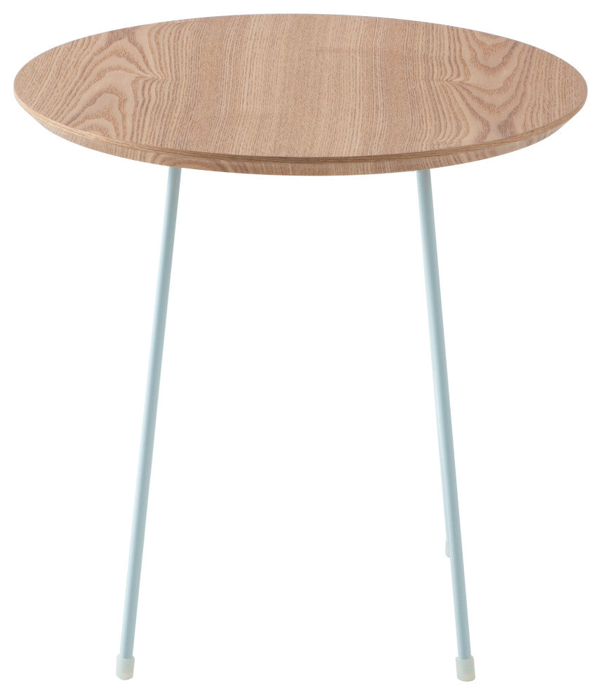 LeisureMod Rossmore Modern Round Side Table With White Steel Frame, Natural Wood