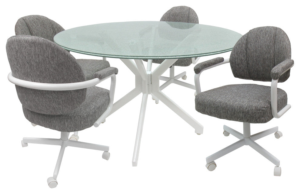 Glass Dinette Set Swivel Caster Chairs Grey, White, Crackle Glass