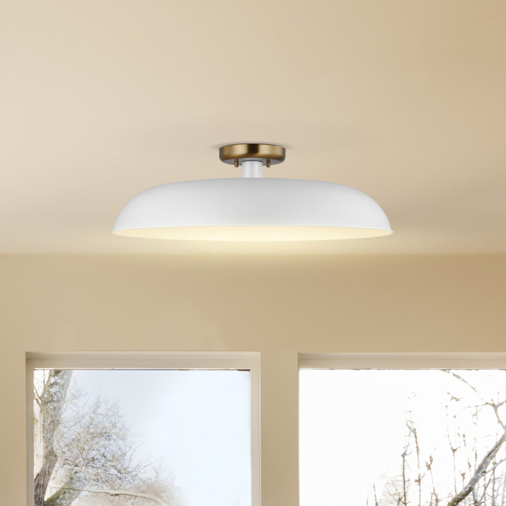 Colony 1-Light Large Semi-Flush Mount Fixture, Matte White With Burnished Brass