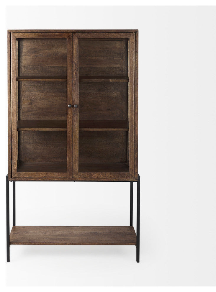 Arelius Medium Brown Solid Wood w/Black Metal Base Display Cabinet