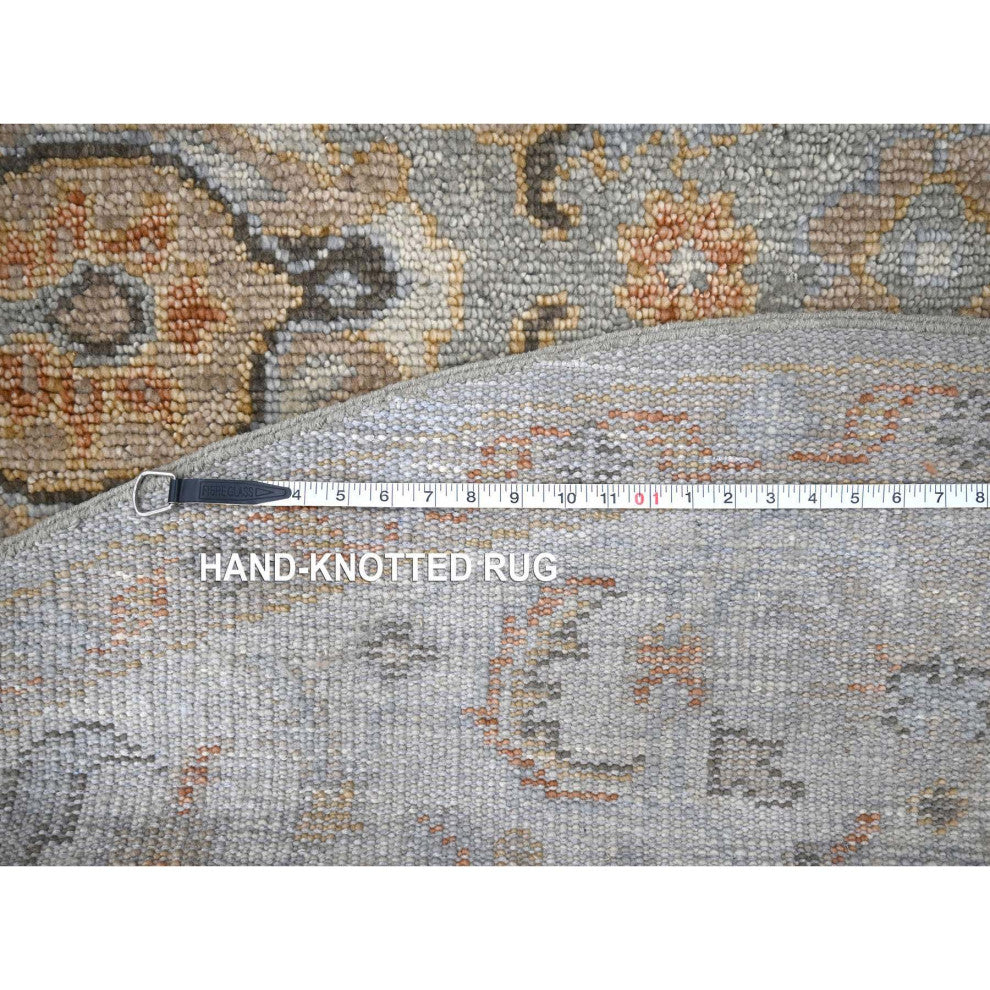 Gray and Ivory, Hand Knotted Oushak Inspired Round Oriental Rug, 7'10"x8'