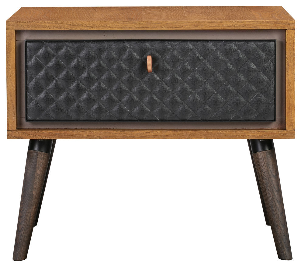 Coco Rustic Single Drawer Oak Wood and Faux Leather Nightstand