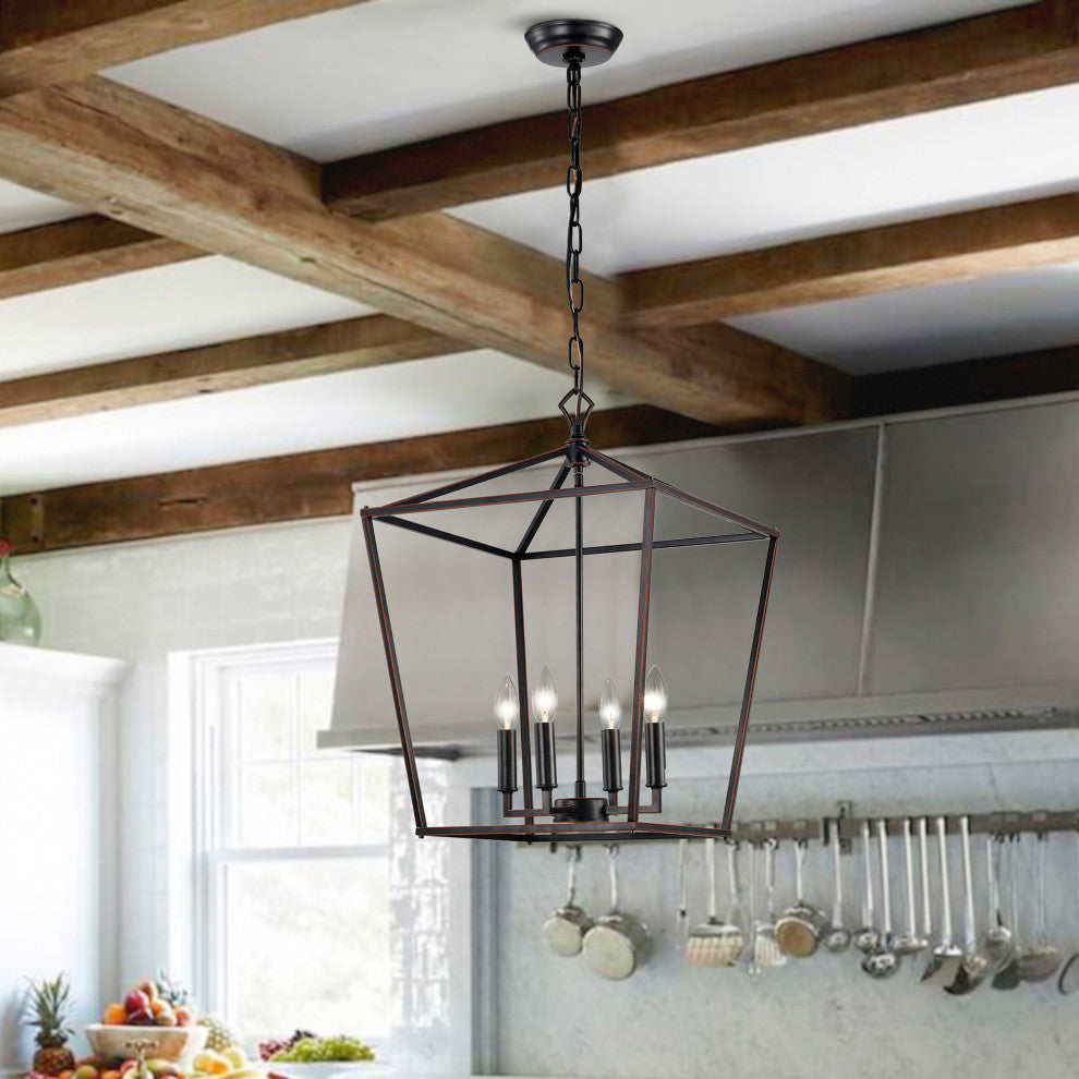 4-Light Oil Rubbed Bronze Lantern Cage Pendant Chandelier