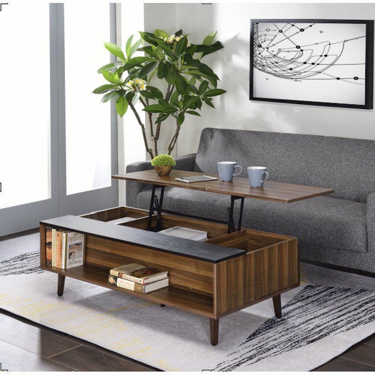 Walnut and Black Rectangular Lift-Top Wooden Coffee Table