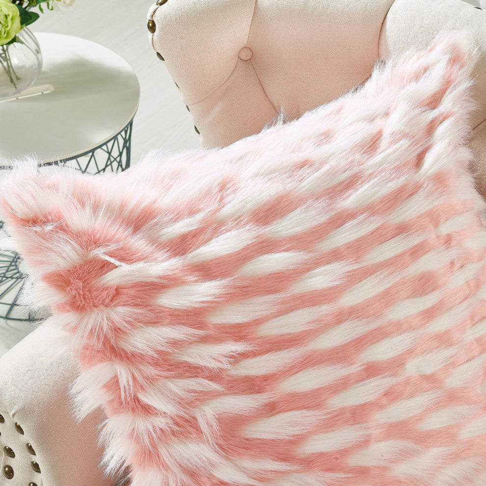 Feathery Faux Fur Pillow Cover 2 Piece Set, Pink, 26" X 26"