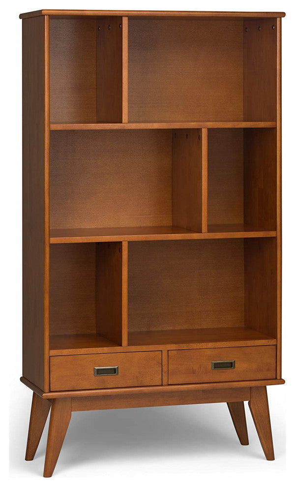 Mid Century Modern Bookcase, 6 Open Compartments & 2 Storage Drawers, Teak Brown