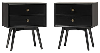 Mid Century Modern 2-Piece 2 Drawer Solid Wood Nightstand Set - Black