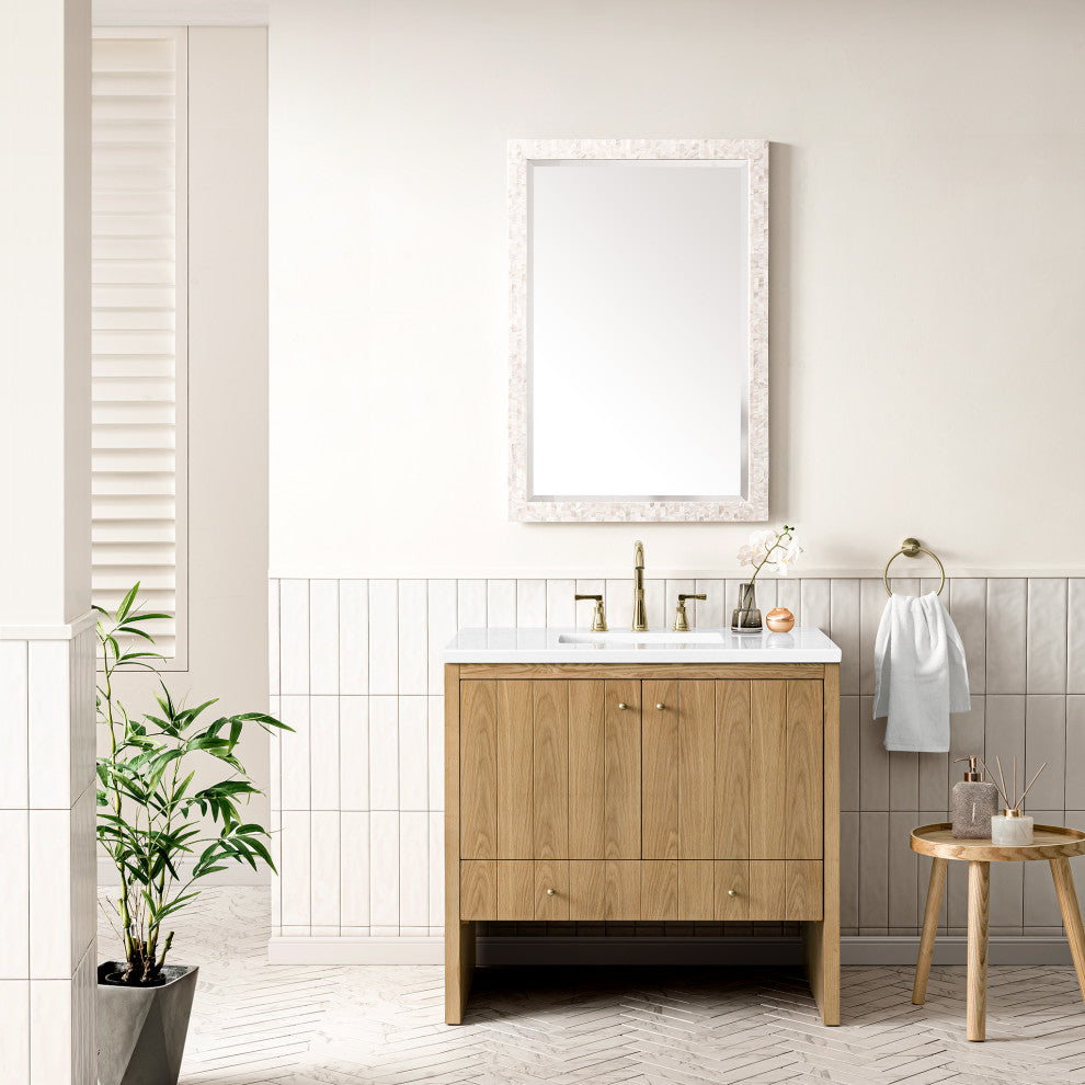 Hudson 36" Single Vanity, Light Natural Oak,  White Zeus Quartz Top