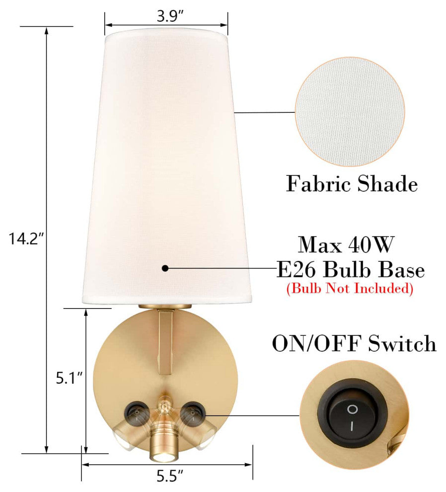 Wall Sconce Fabric Wall Lamp with USB Port and Switch, Set of 2, Black