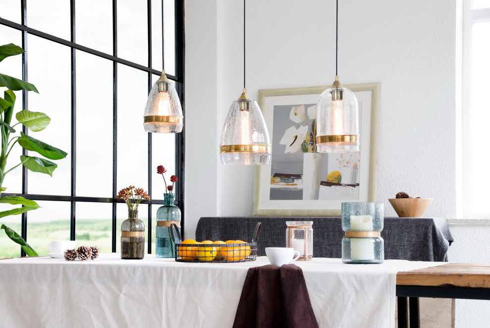 Hammered Glass Pendant Light with Brass Ring, 1 Ceiling Hanging Light, Clear, Large