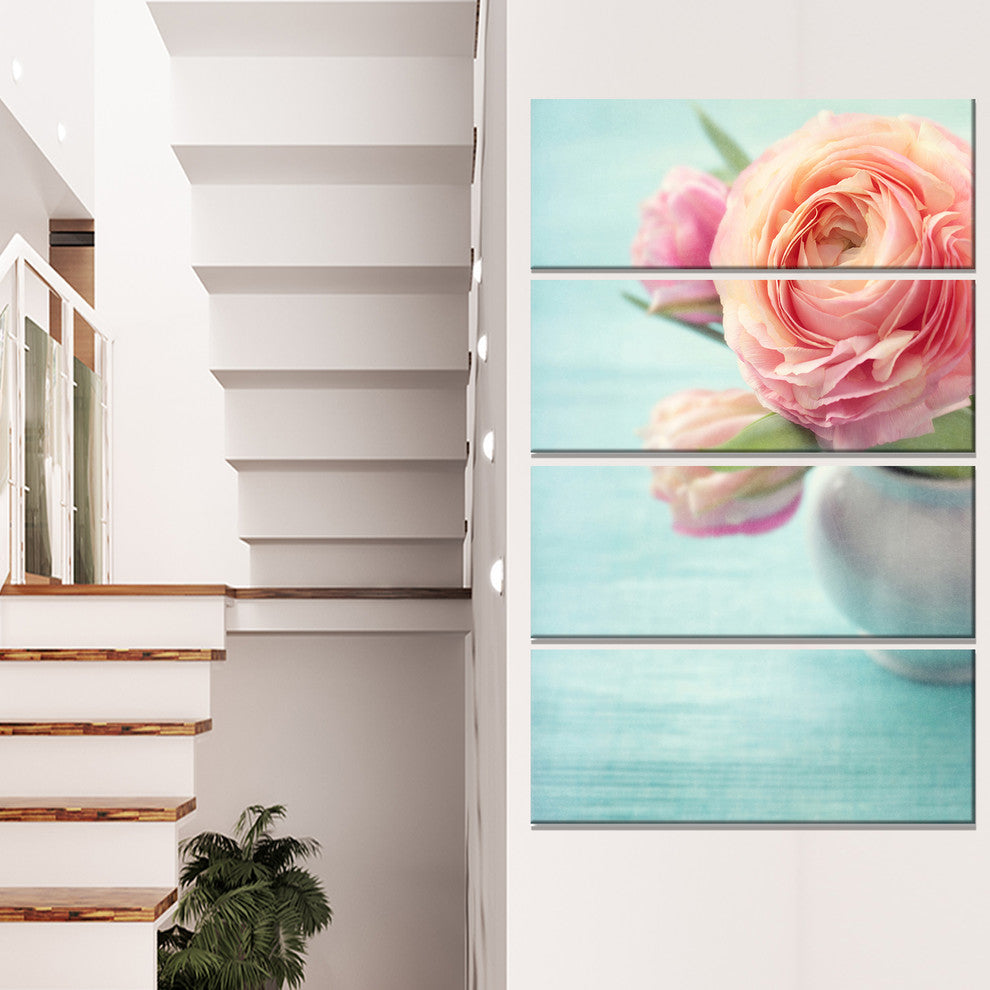 Beautiful Pink Flowers in Vase, Floral Canvas Art Print, 28"x48", 4 Panels