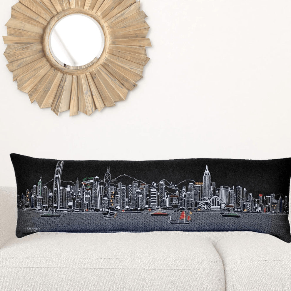 46" Black Hong Kong Nighttime Skyline Lumbar Decorative Pillow