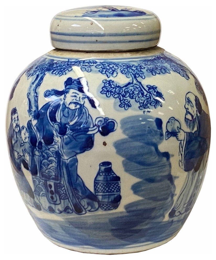 Chinese Oriental Small Blue White Porcelain 3 Gods Theme Ginger Jar Hws1860