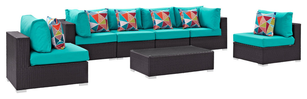 Espresso Turquoise Convene 7-Piece Outdoor Patio Sectional Set