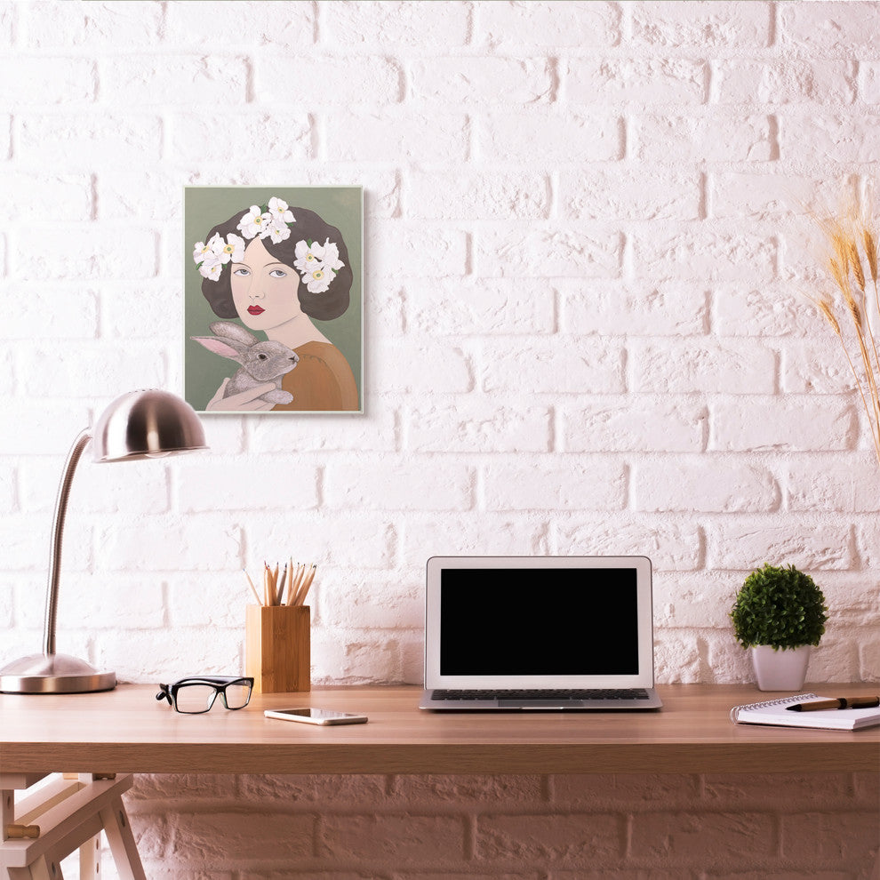 Woman And Rabbit White Flower Animal Painting, 13"x19"