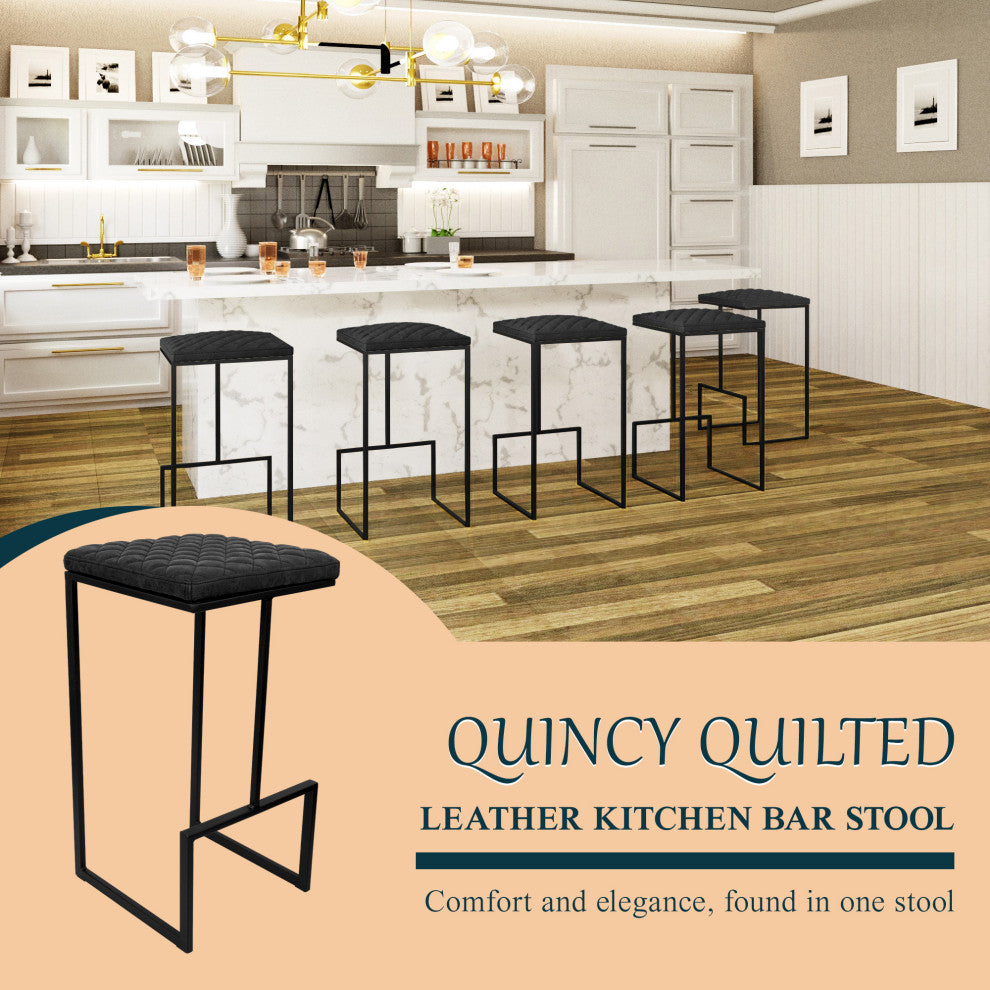 Quincy Leather Barstool Square Seats and Metal Frame Set of 2, Charcoal Black