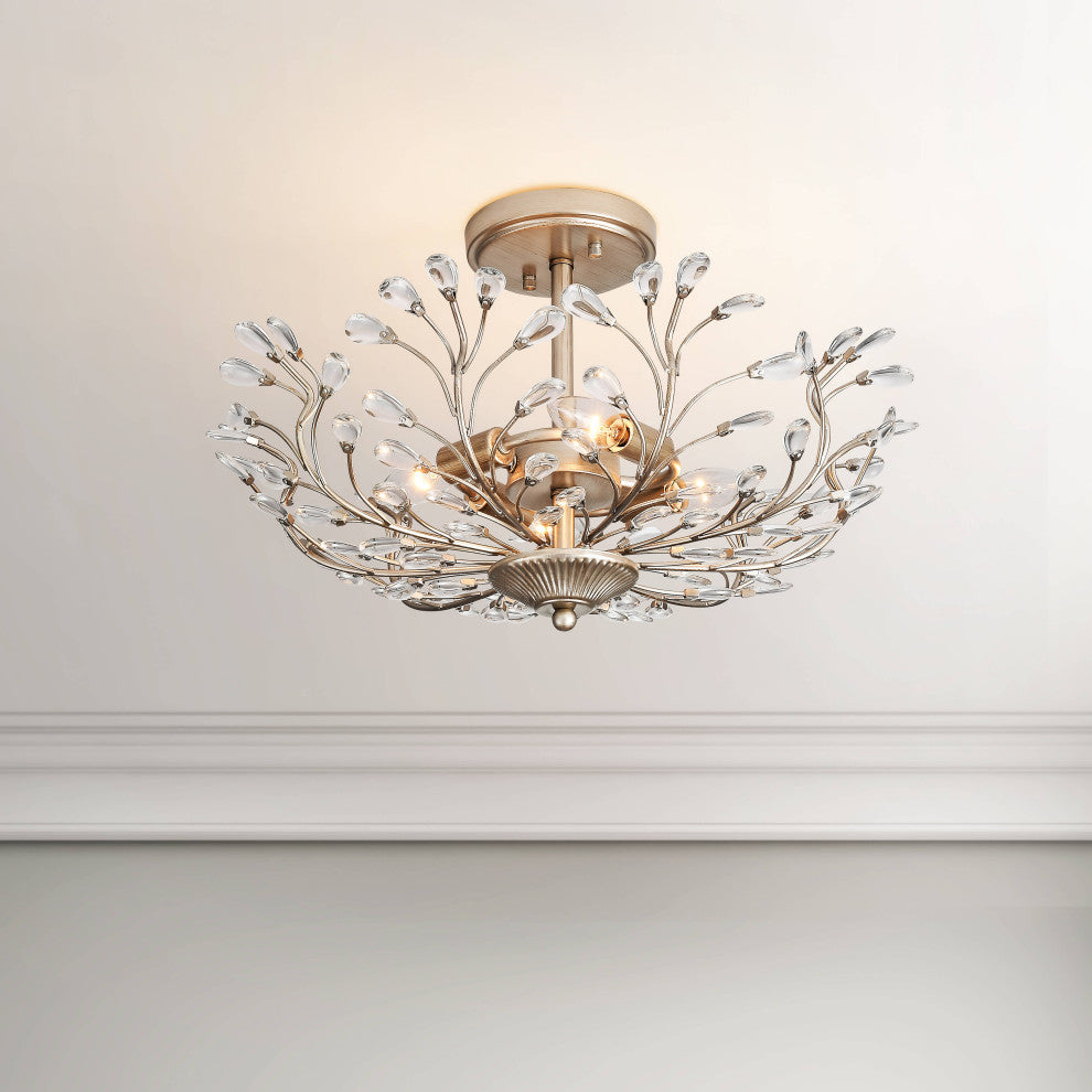 Grace 4-light Crystal Beaded 9-Branch Semi-Flush Mount, Brushed Silver-Ish Champagne