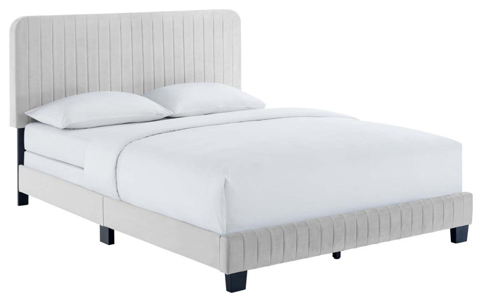 Celine Channel Tufted Performance Velvet Full Bed, Light Gray